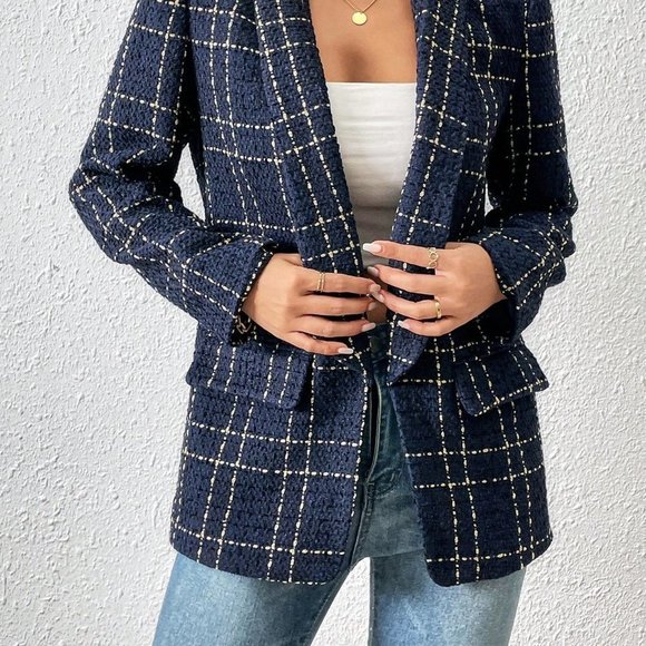 Blue Casual Womens Houndstooth Print Open Front Blazer - Picture 5 of 5